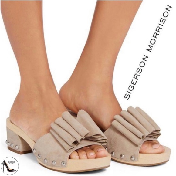 Sigerson Morrison beige suede Aida bow stud clog sandals Wooden Platform Mules - Picture 1 of 10